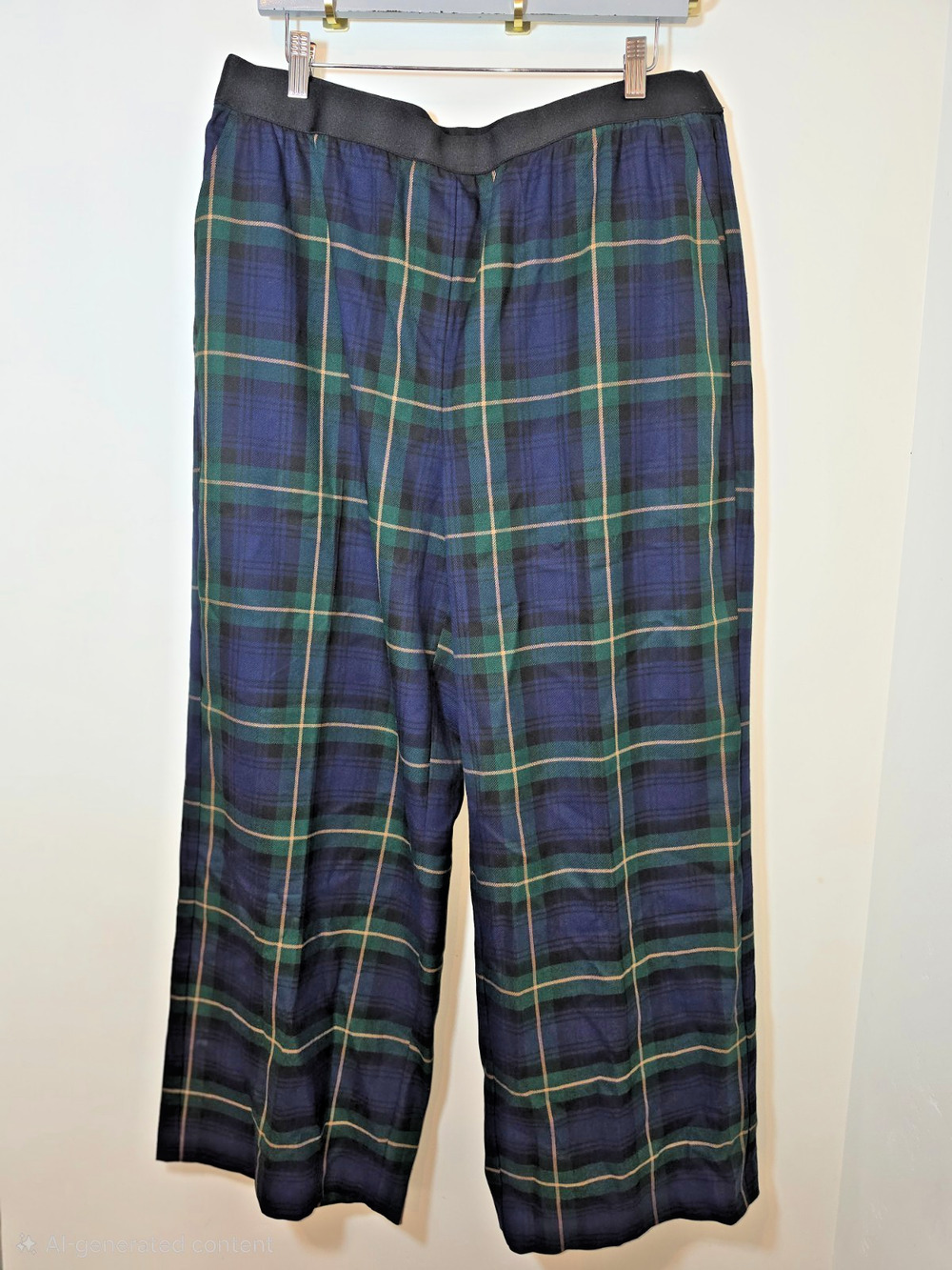 Lane Bryant Blue Green Plaid Pants Sz 14 Wide Leg Elastic Waist